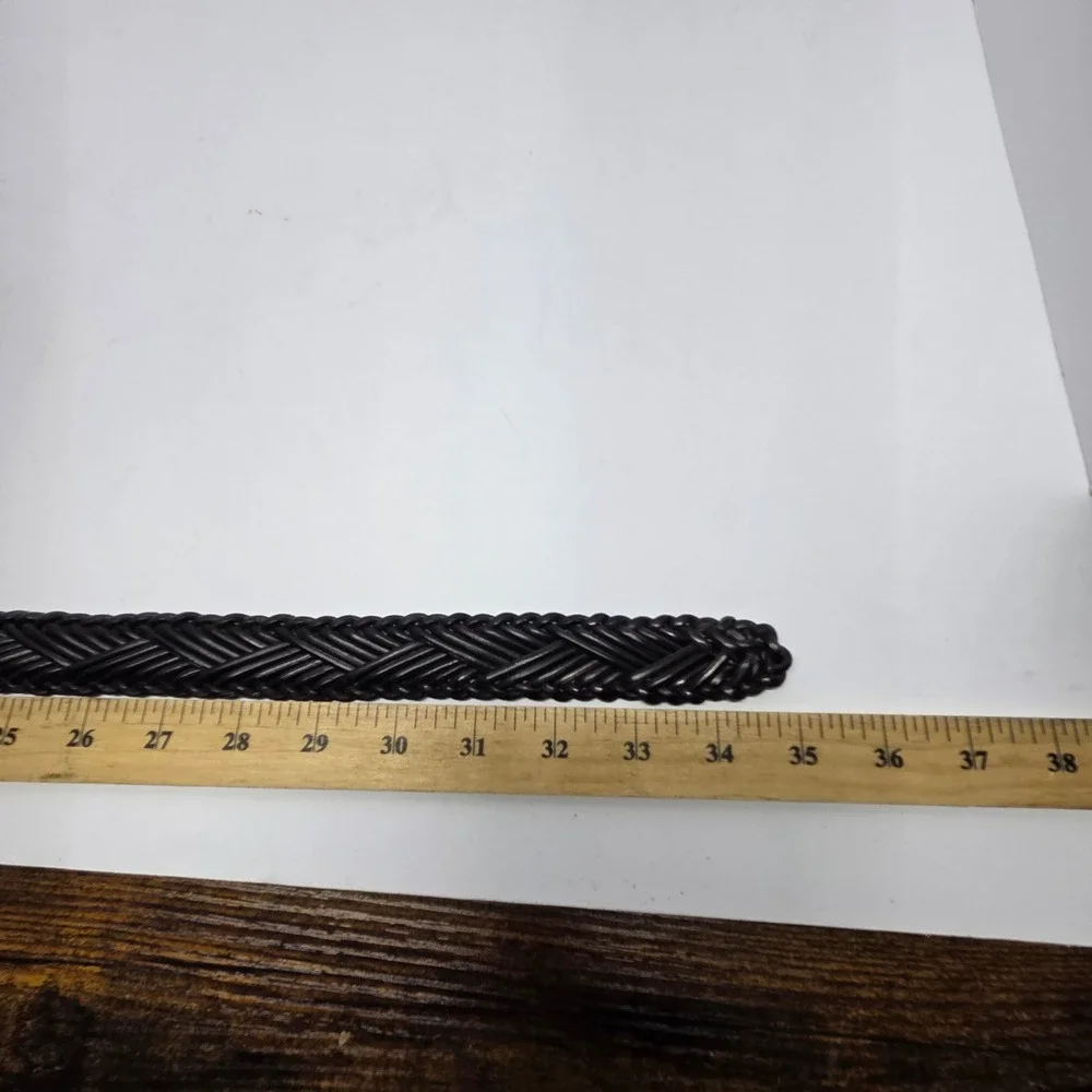 VTG Fossil Braided Leather Belt Medium Black Solid Brass Buckle 90s Classic Prep